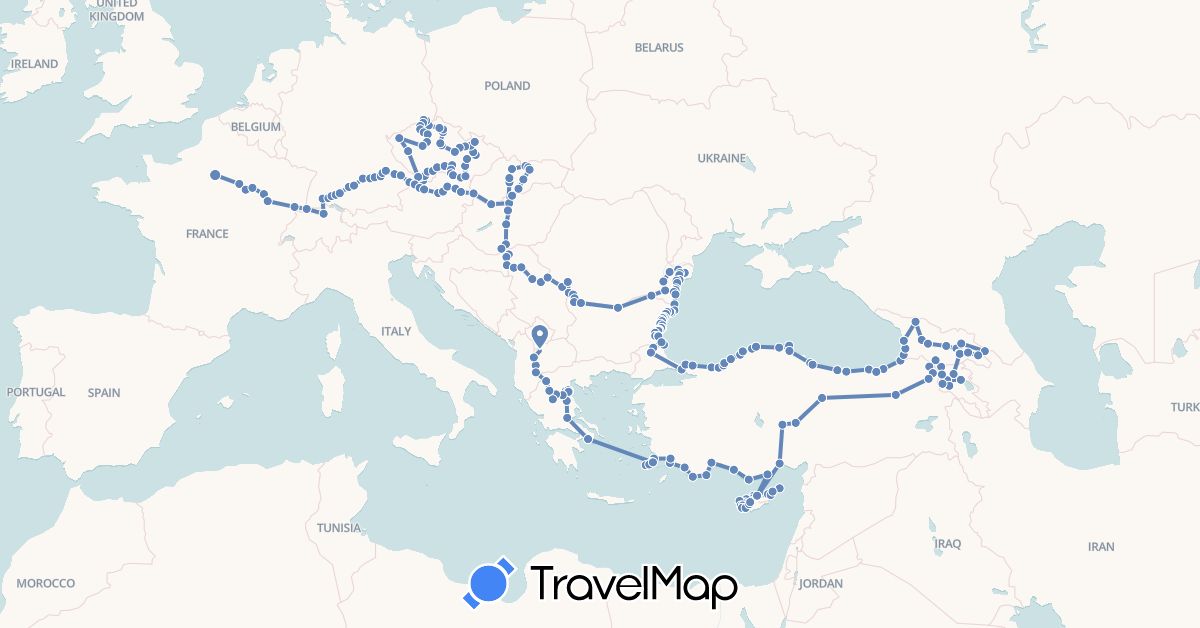 TravelMap itinerary: cycling in Albania, Armenia, Austria, Bulgaria, Switzerland, Cyprus, Czech Republic, Germany, France, Georgia, Greece, Croatia, Hungary, Macedonia, Poland, Romania, Serbia, Slovakia, Turkey (Asia, Europe)