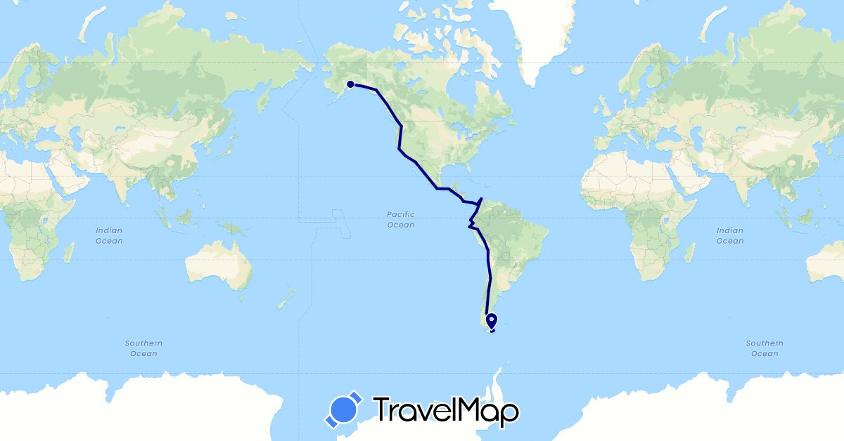 TravelMap itinerary: driving in Argentina, Canada, Chile, Colombia, Costa Rica, Ecuador, Mexico, Nicaragua, Panama, Peru, United States (North America, South America)